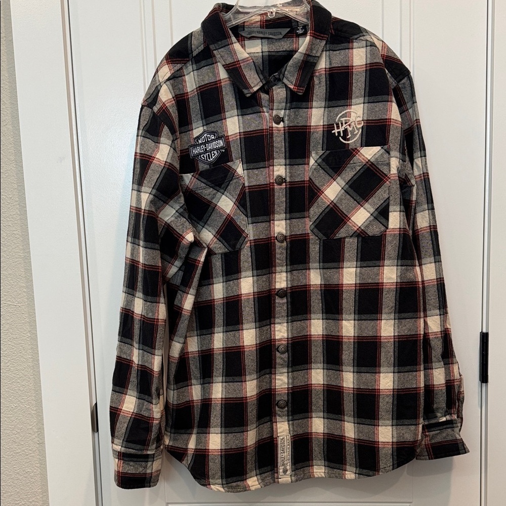 Harley-Davidson Black, Cream & Red Plaid Button-Up Shirt